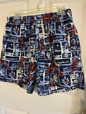 Columbia PFG Nautical Pattern Multicolor Swim Shorts, Elastic Waist, Size Medium