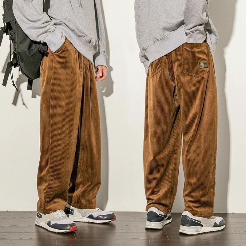 Mens Corduroy Pants Casual Long Trousers Loose Straight Wide Leg Retro  Striped