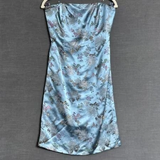 Vtg Morrell Maxie Dress 10 Blue Satin Brocade Strapless Floral Cocktail 90s y2k