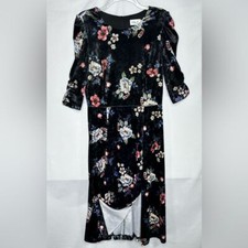 Eliza J Velvet Floral Midi Dress Fit & Flare Ruched Sleeves Dark Romantic Sz 12