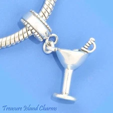 Martini Cocktail Glass Drink 3D 925 Solid Sterling Silver European Bead Charm