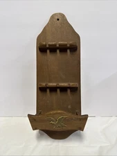 Vintage 6 Spoon Wooden Display Rack With Eagle And Tray 16”