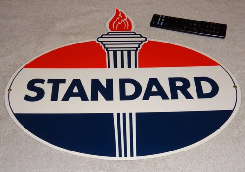 VINTAGE STANDARD GASOLINE TORCH & FLAME 18" PORCELAIN METAL GAS STATION OIL SIGN