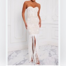 white lace lisa fringe maxi dress corset bodycon bridal small