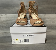 Nine West Janello Womens 8.5M Lace Up Block Heel Sandals Tan Cutout Dress Shoes