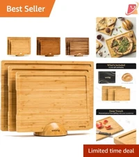 Bamboo Cutting Board Set 3 Pack with Holder - Kitchen Meal Prep & Serving