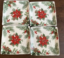 Maxcera 4 Dinner Plates Ceramic Square Scalloped Poinsettia Pine Christmas New