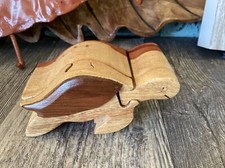 Hand Carved Wooden Turtle Puzzle Box Jewelry Box Reptile Two Tone Wood Trinket