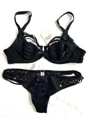 AGENT PROVOCATEUR RUDY BLACK & PURPLE BRA 32C OR 34C & THONG 3 MEDIUM BNWT