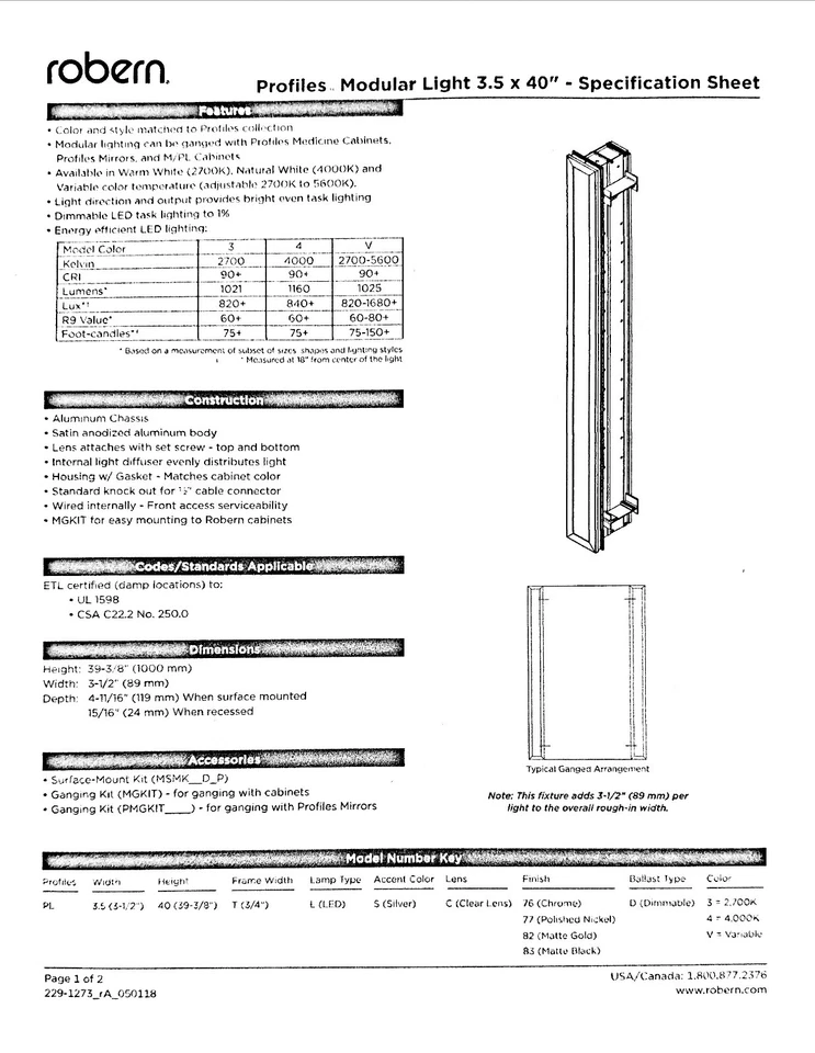 Robern PL3.540TLSC82DV - 轮廓 - 模块化灯 3.5 x 40 英寸 - 哑光金色 — 第 3/4 张图片