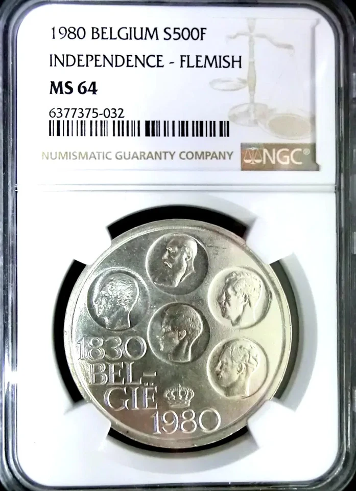 NGC MS64-Belgia 1980 Independencia-Flamenco 500 Francos Elección BU Escaso Foto 2 de 2