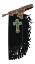 Chaps Black Suede Leather Chinks with Teal Leather Cross Design - Chaps NEW