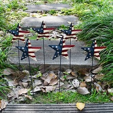 6set 4th of July Metal Barn Star Yard Sign Outdoor Lawn Decor, Patriotic US Flag