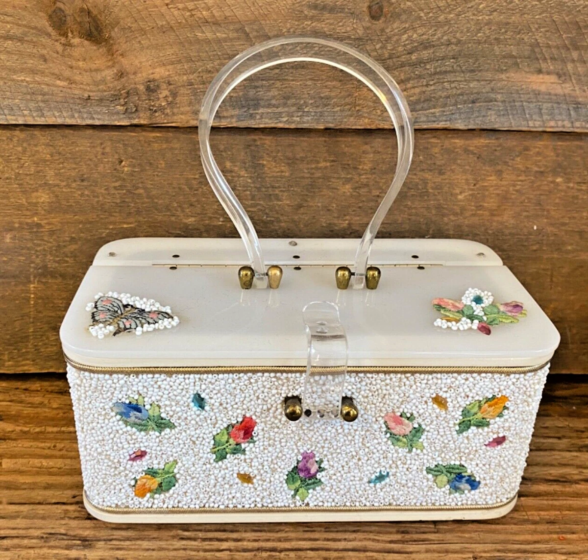 Vintage 50's Midas of Miami Beaded Acrylic Lucite Purse Handbag Box