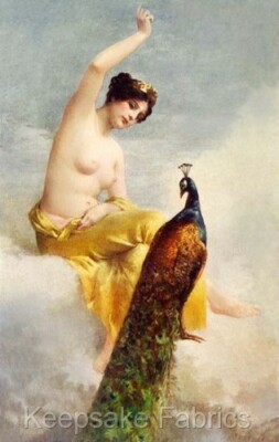 Nude Beauty & Peacock In Clouds Crazy Quilt Block Multi Szs
