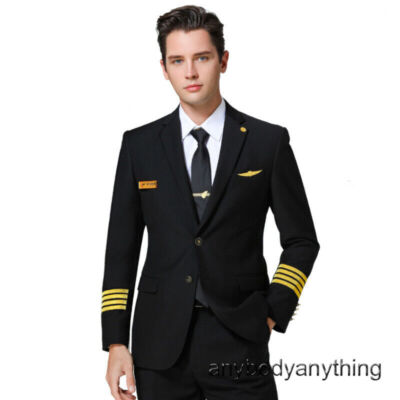 Men Slim Aircraft Captain Suit Two-pieces Lapel Long Sleeves Male Pilot Overalls