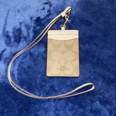 New Coach ID Holder Lanyard Signature Canvas Leather IM/Sand/Chalk
