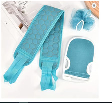 3PCS Exfoliating Body Scrubber Set Back Strap Loofah Shower Glove Bath Sponge