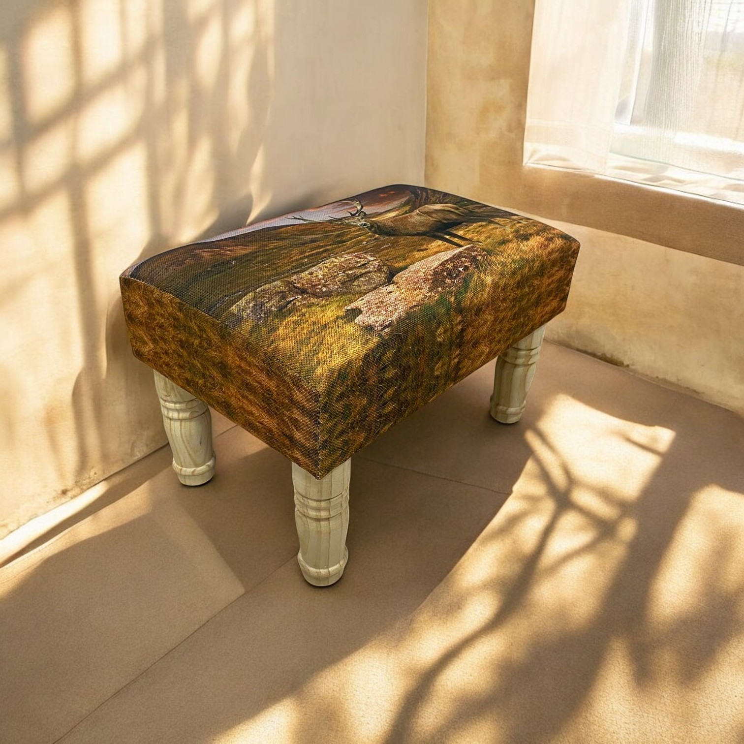 Stag Printed Linen Footstool – Country Cottage Style Padded Stool for Lounge