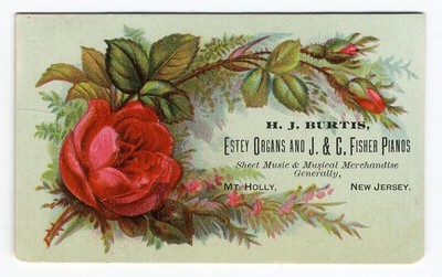 MT HOLLY New Jersey ESTEY ORGANS Fisher Pianos by BURTIS Victorian Trade Card