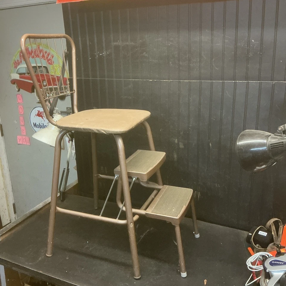 Mid Century Cosco Retro Style Farmhouse Counter Chair/Step Stool Chrome Tan - Image 2 of 4
