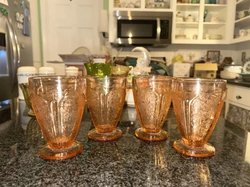 Set Of 4 vintage Jeannette Cherry Blossom Pink depression glass footed tumblers
