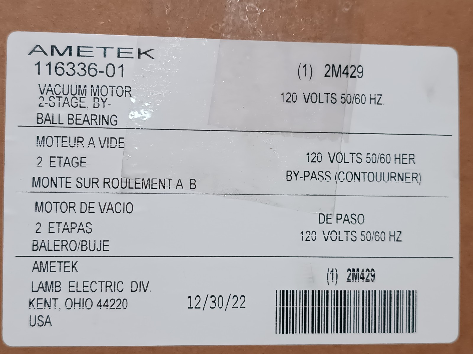 Ametek 2M429 Lamb Electric 2-Stage Universal Vacuum Motor 116336-01 120V 50/60Hz