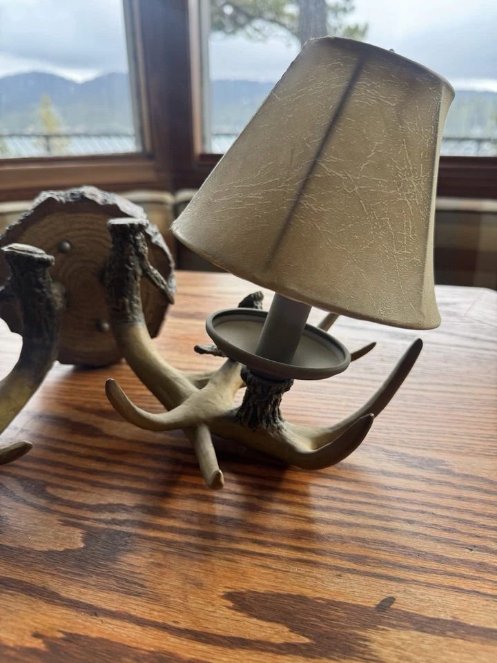 Aplique de pared de cabina de madera con asta sintética 2 luces $300 venta al por menor Foto 3 de 4