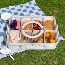 Divided snack box tray with lid and handles - transparent portable plastic candy