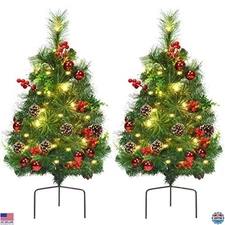Goplus 29" Set of 2 Pre-Lit Outdoor Christmas Trees – Battery Operated, 30 LEDs
