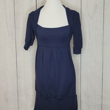 Rhapsody Navy Blue Square Neck 3/4 Sleeve Pleated Bubble Hem Dress M