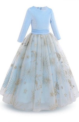 Girls Fancy Blue & Gold Long Dress Unicorn Sun And Moon Glittery Pattern