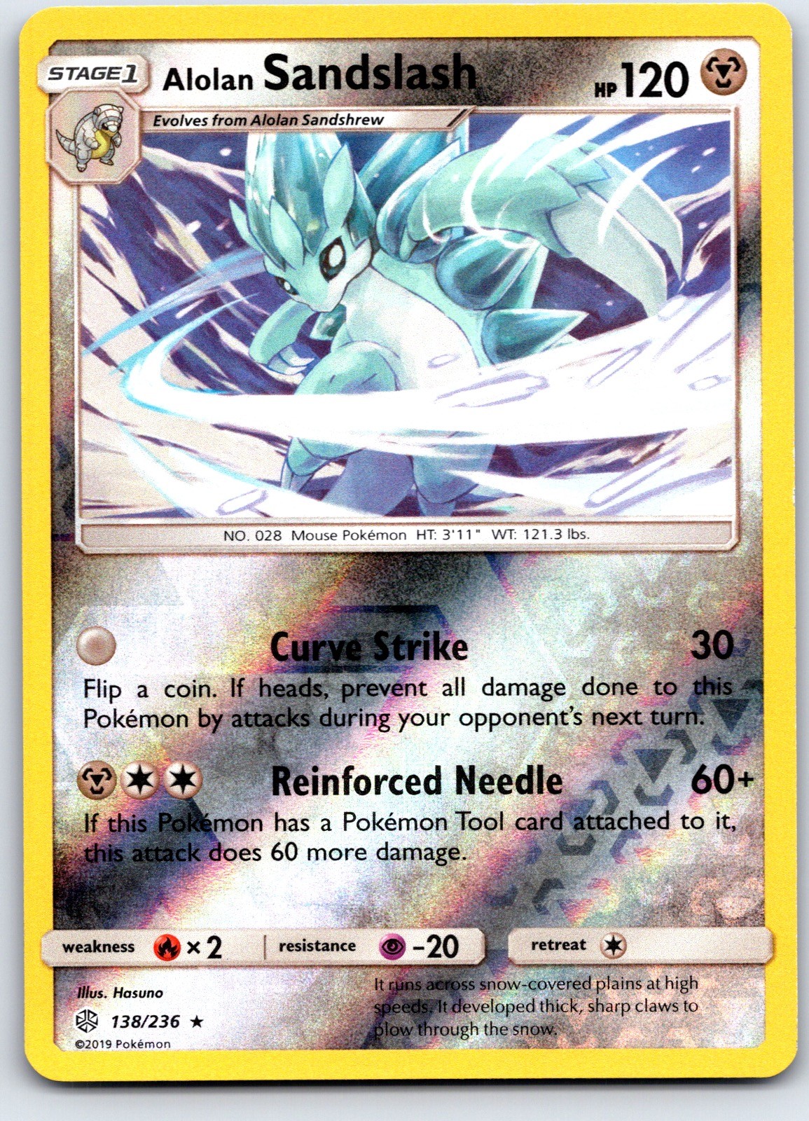 Alolan Sandslash 138/236 Rare Cosmic Eclipse Pokemon Reverse Holo Lightly Played