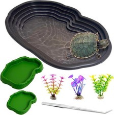 Reptile Bathing Pool 2-in-1 Tortoise Water Dish with Ramp Extra Large black
