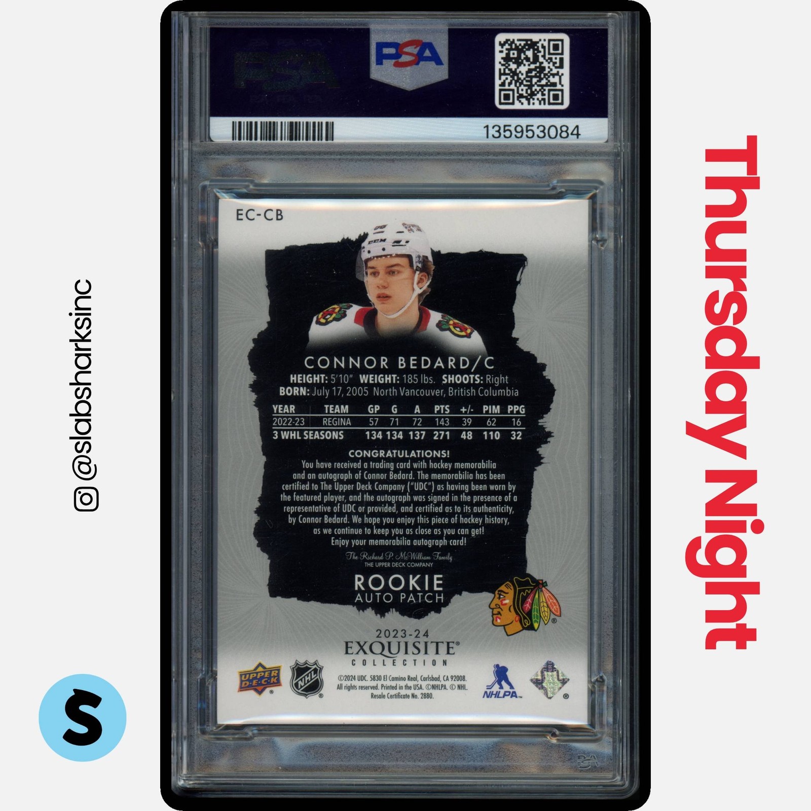 2023 UD THE CUP CONNOR BEDARD EXQUISITE ROOKIE AUTO PATCH RC /98 PSA 9 AUTO 10 view 2