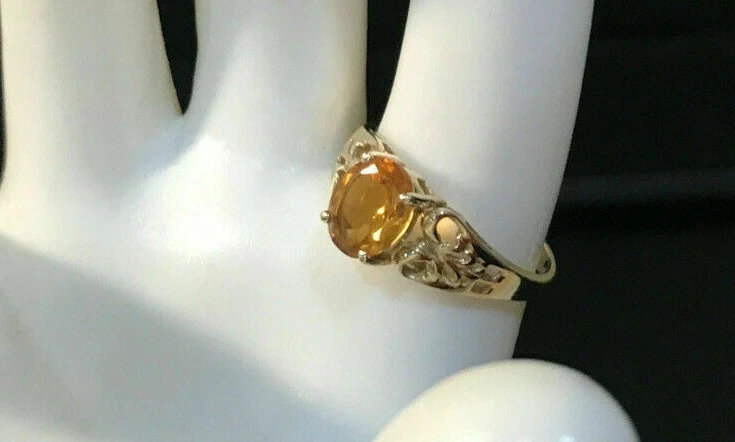 Anillo de filigrana solitario corte cojín topacio naranja oro amarillo 10K  Foto 3 de 4