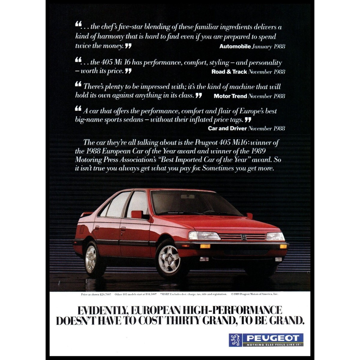 1989 Peugeot 405 mi16 Sports Sedan Vintage Print Ad Red Import Car