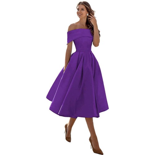Women's Fashion Casual Strapless Satin Party Dress Off The Shoulder Tea Length S - Picture 74 of 106