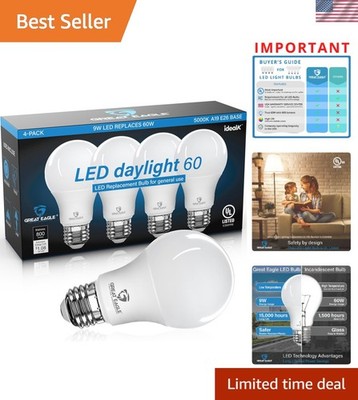 Great Eagle 60-Watt Equivalent A19 LED Bulbs - Bright Daylight 5000k, 800 Lumens