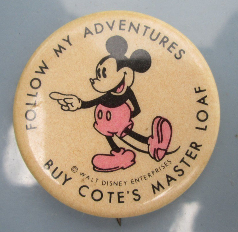 Vintage 1930s Mickey Mouse Cote’s Master Loaf Bread Pinback Button 1.25"