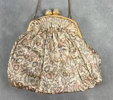 Vintage FRANCE Metallic Thread EVENING BAG Faux Pearl BROCADE PURSE