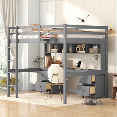 Full Size Wood Loft Bed with Desk, Cabinets, Drawers and Charging Station, Gray