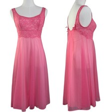 Vintage 60s MOD Pink Nylon Chiffon Lace Flowing Back Nightgown Women's Size S