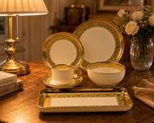 32Pc Luxury Porcelain Dinnerware Set White Gold Rim Plates Bowls Cups Serving
