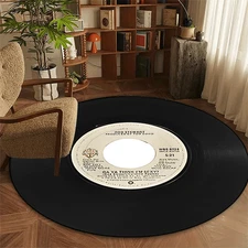 Large Round Non-Slip Mat - Black & Brown Vinyl Record Design Mat, Machine Washab