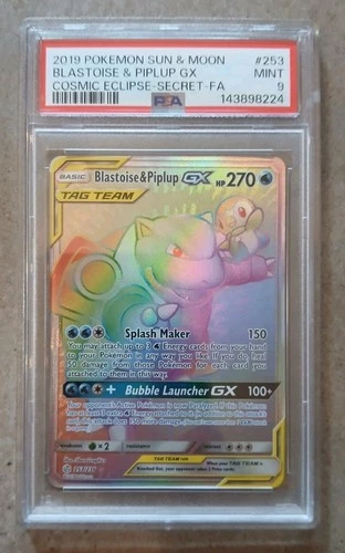 2019 POKEMON SUN & MOON COSMIC ECLIPSE #253 FULL ART/BLASTOISE & PIPLUP GX PSA 9