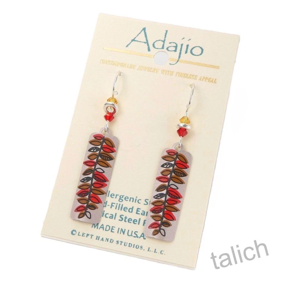 Adajio Earrings Warm Silver Column with Red and Tan Fern Leaf Handmade 7725 - Image 2 of 4