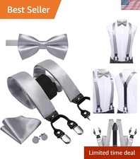 Men Suspender Bowtie Set 6 Clips Y-Shape Pocket Square Cufflinks Tuxedo Braces