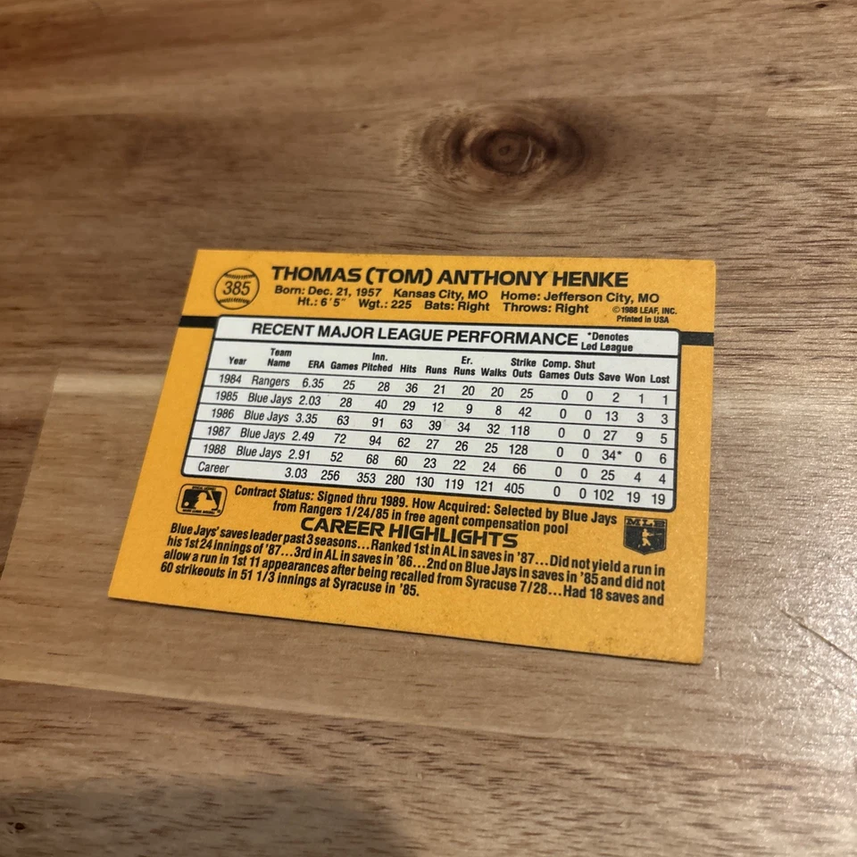 1989 Donruss #385 Tom Henke - Toronto Blue Jays - Image 4 of 4