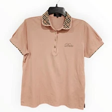 DAKS London Women Peach Pink Contrast Plaid Collar Polo Pullover Shirt 42/L